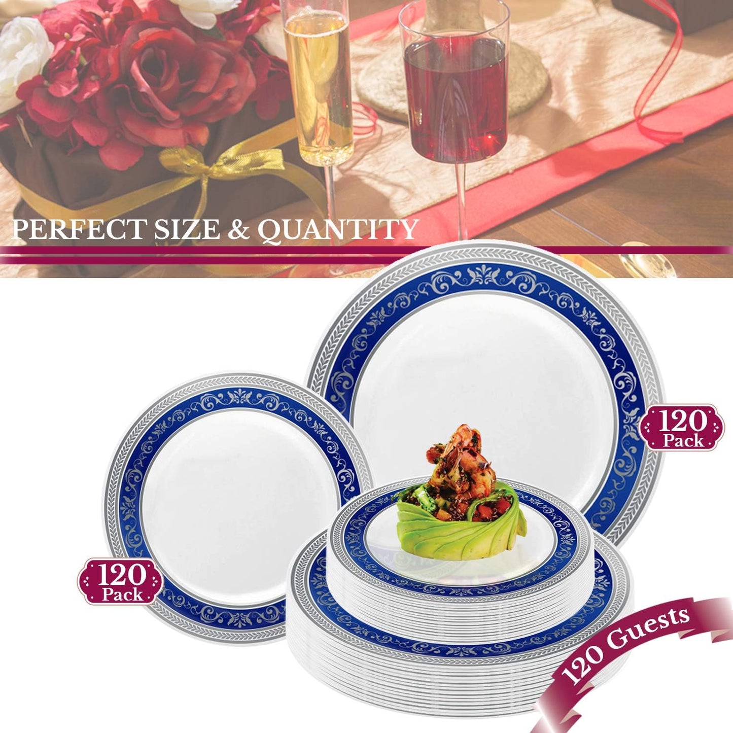 Elegant Disposable Plastic Plates - 240 Count, 120 Heavy-Duty Dinner Plates & 120 Dessert/Salad/Appetizer Plates, White with Blue & Silver Royal Rim, Ideal for Weddings, Birthday Parties & All Occasions