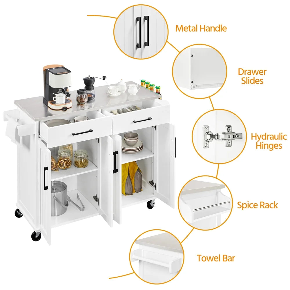 Renwick 42-Inch Mobile Kitchen Island with Storage Drawers and Cabinets in White