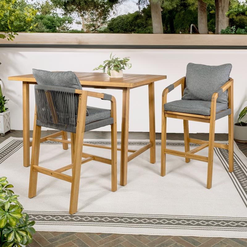 JONATHAN Y Porto Modern Coastal 3-Piece Acacia Wood Outdoor Bar Set with Cushions