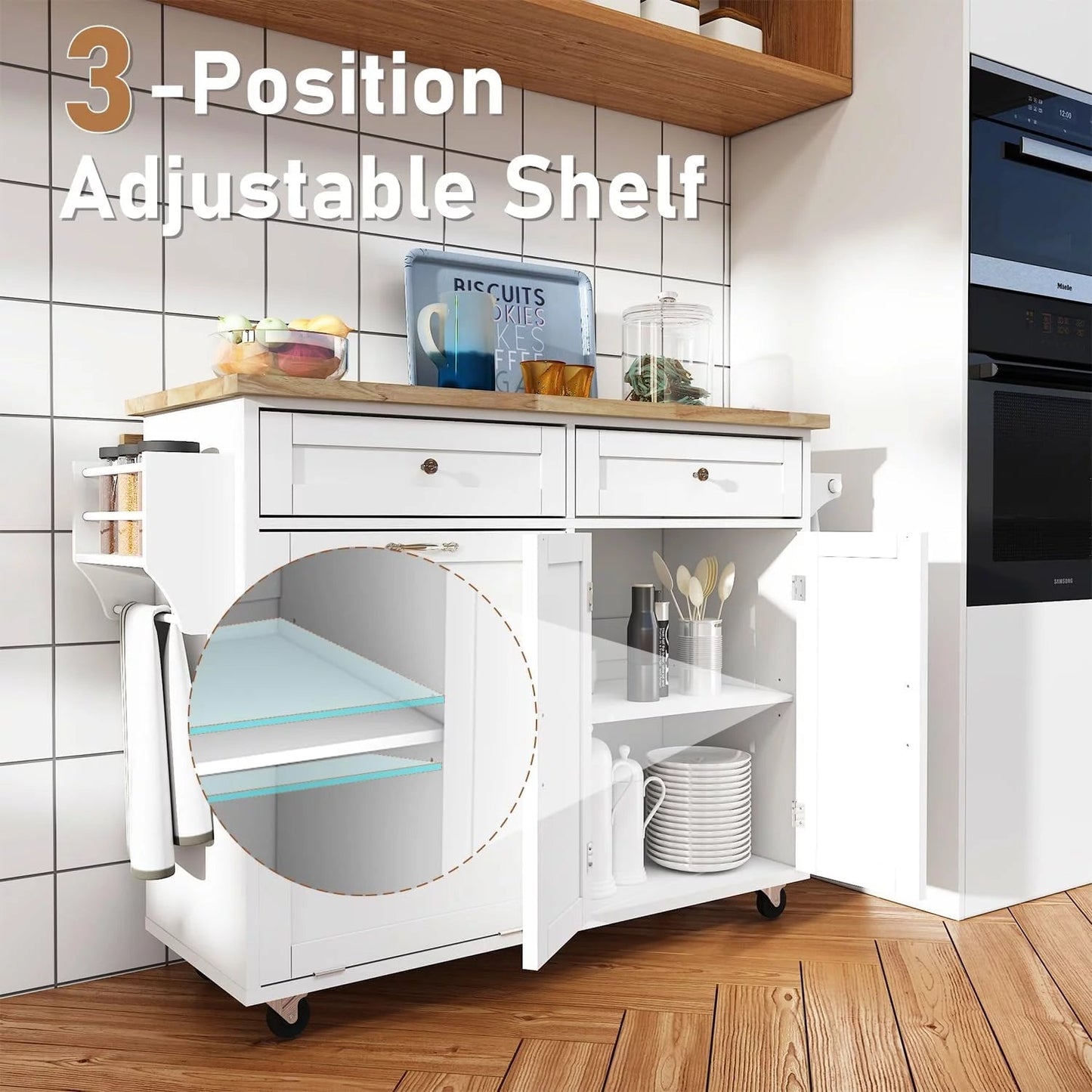 ANPOO Rolling Kitchen Island with Drop Leaf, Tilt Out Kitchen Trash Cabinet 10 Gallon Storage, Kitchen Cart Island with Rubber Wood Top, Spice Rack and Drawers(White)