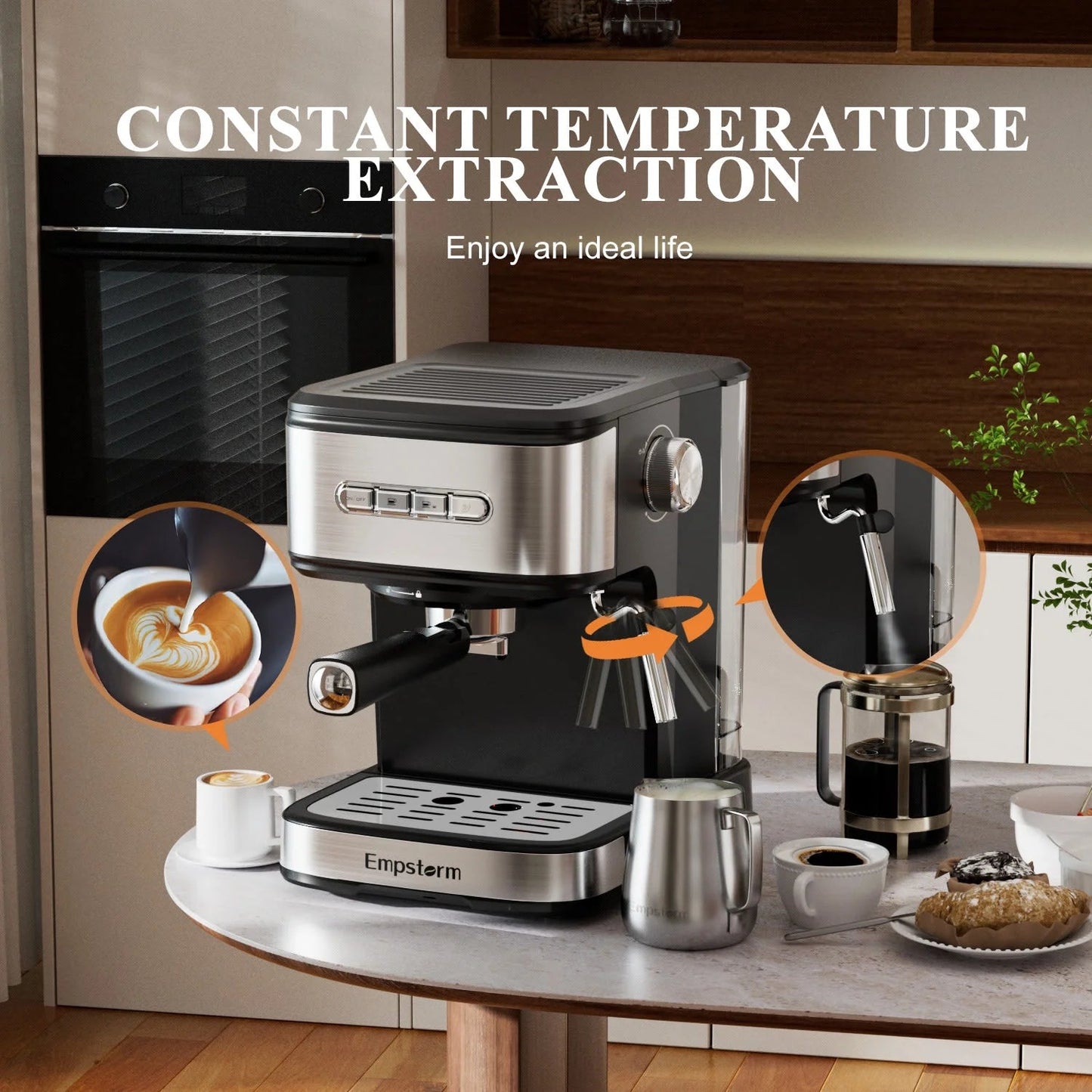 Empstorm 20-Bar Espresso Machine, Dual-Cup Coffee Maker with 1.5L Water Tank and Milk Frother, Black