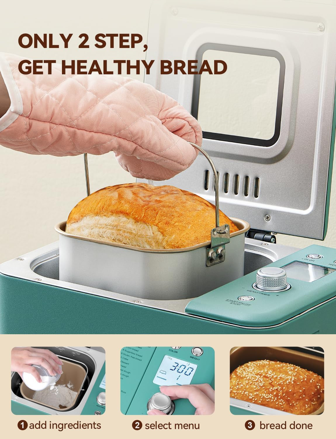 Neretva 20-in-1 Professional Bread Maker with Dual Heater, 2LB Capacity, All-Metal Nonstick Ceramic Pan, Compact Design for Gluten-Free Baking, Dough Preparation, Dried Meat Floss, Jam, and Yogurt - Green