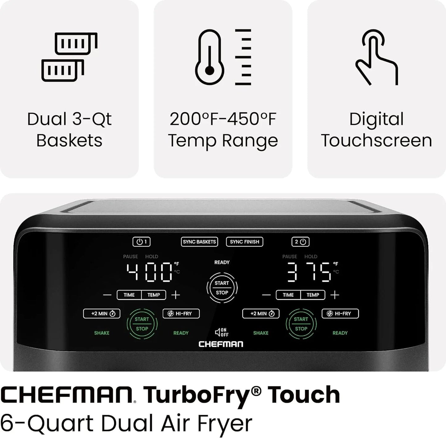 Chefman Dual Basket Air Fryer with Digital Touchscreen, Two Independent 3 Qt Baskets, Sync Finish - Black
