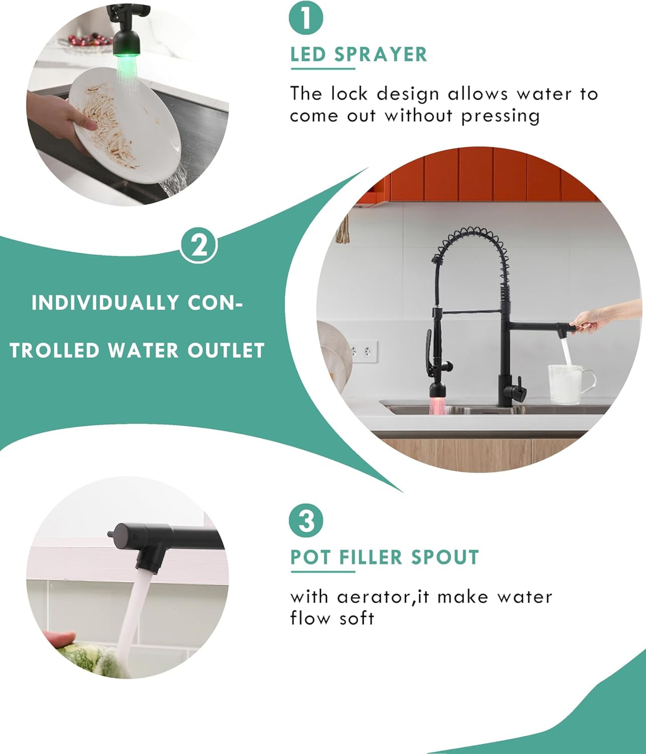 Black Kitchen Faucet with Pull down Sprayer,Commercial LED Kitchen Faucet,Single Handle Single Hole Kitchen Sink Faucet