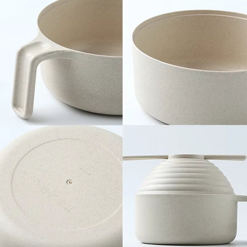 5-Piece Wheat Straw Multifunctional Dinnerware Set with Lid, Spoon, Fork, and Chopsticks - Microwavable Anti-Hot Bowls