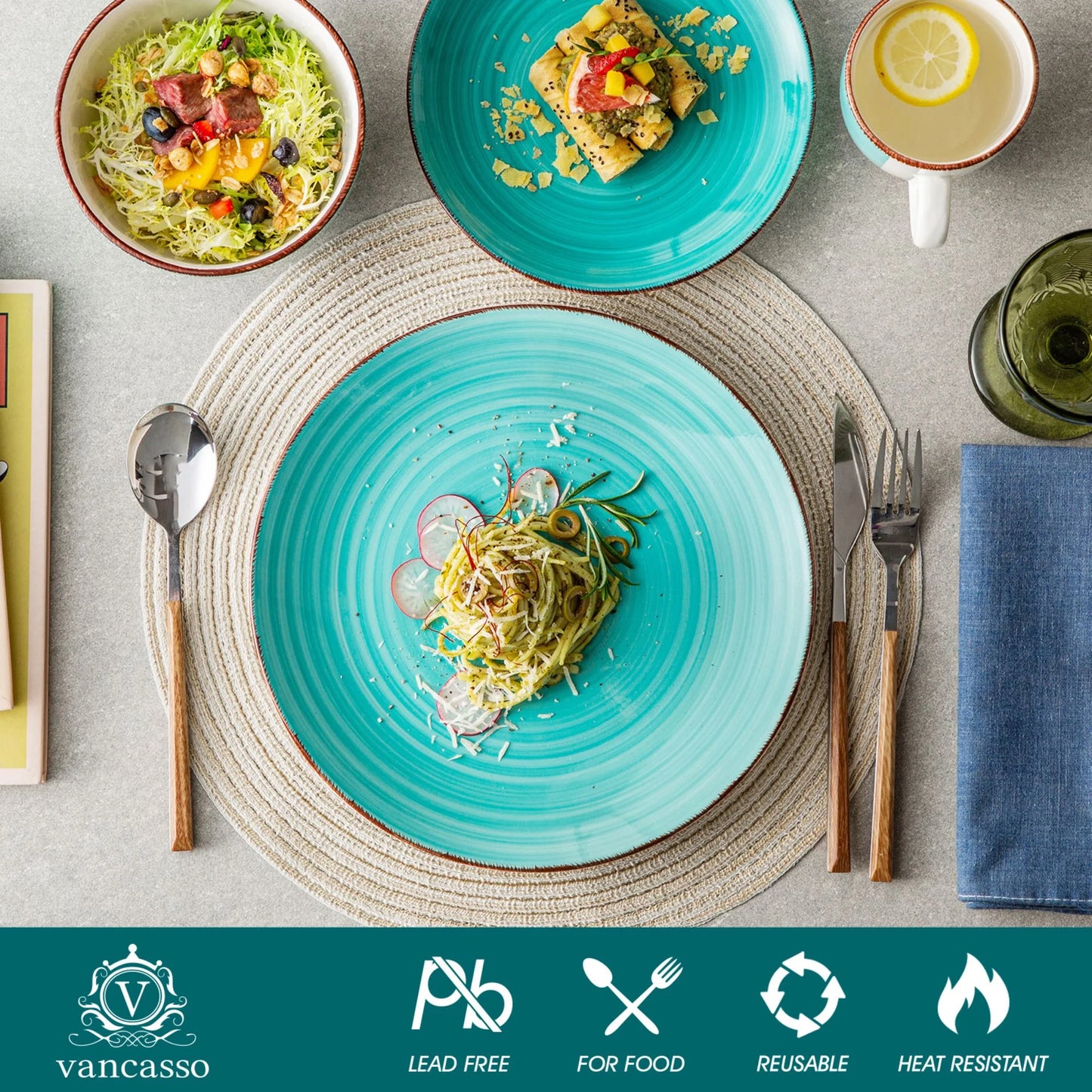 Vancasso, Series Bella, 48 Piece Stoneware Dinnerware Set, Green Dinner Set, Service for 12
