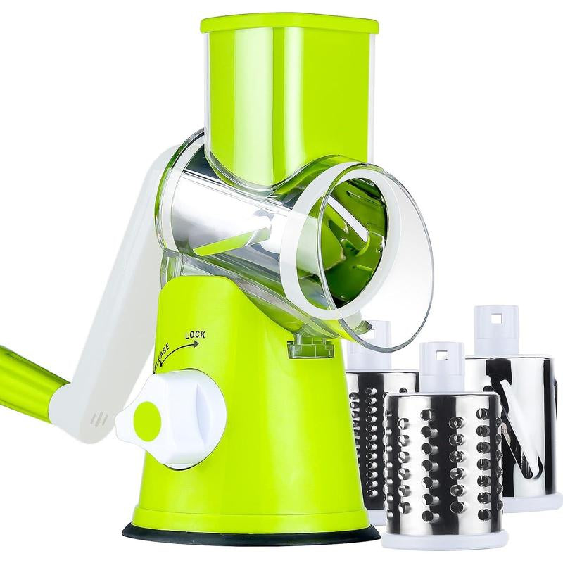 Rotary Cheese Grater with Handle, Manual Speed round Cheese Shredder with Strong Suction Base, Easy to Use Potato Hashbrown Shredder with 3 Replaceable Stainless Steel Drum (Black)