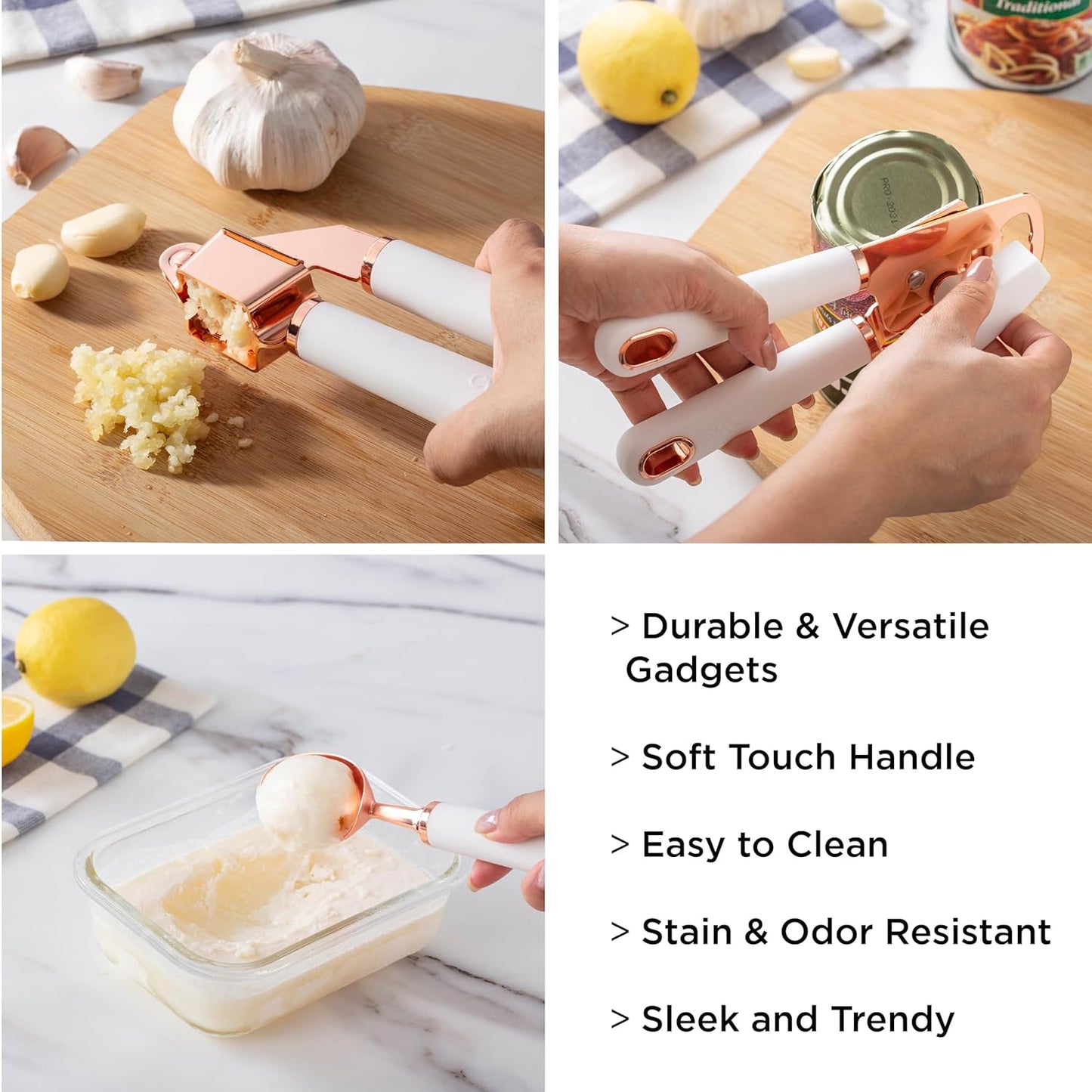 Upgrade Your Cooking Game with Our 7-Piece Stainless Steel Kitchen Gadget Set! Soft Touch Handles in Stylish Copper & White! 🍳✨