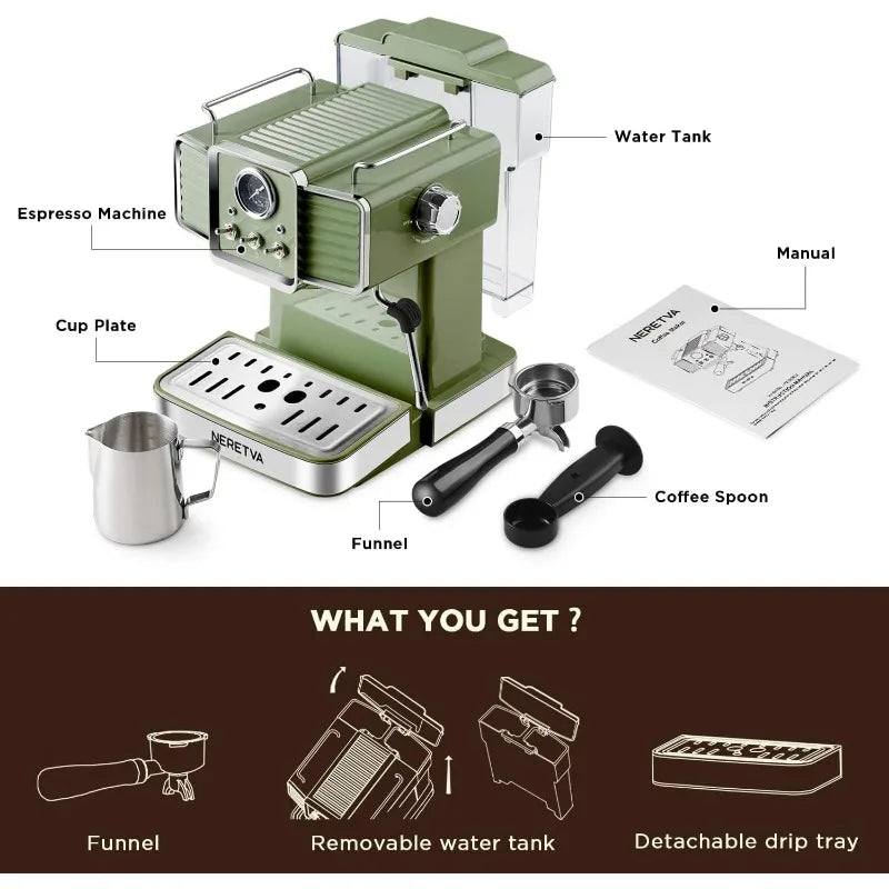 Espresso Coffee Machine 15 Bar Espresso Maker with Milk Frother Steam Wand Cappuccino, Latte for Home Barista, 1.6L