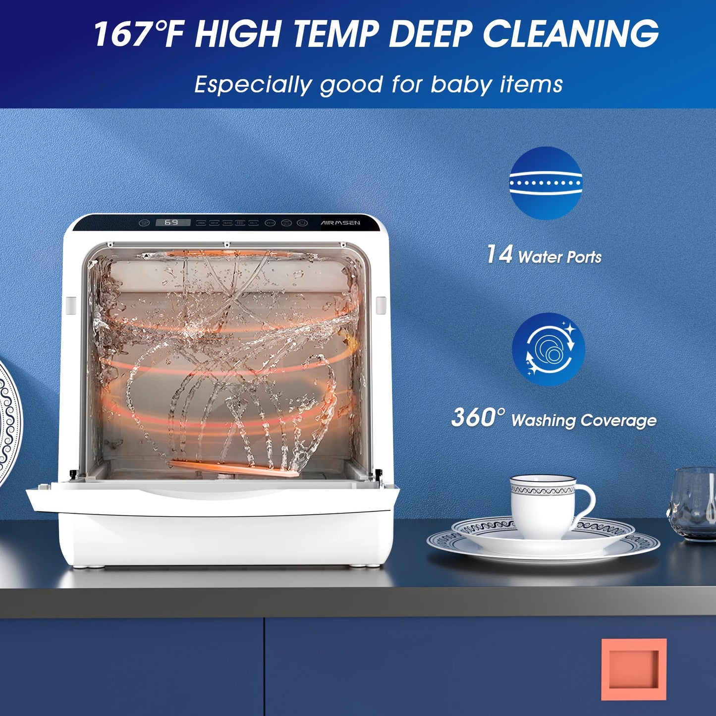 AIRMSEN Portable Countertop Dishwasher with 5-Liter Built-In Water Tank and Air-Dry Function, 5 Washing Programs Mini Dishwasher, AE-TDQR03
