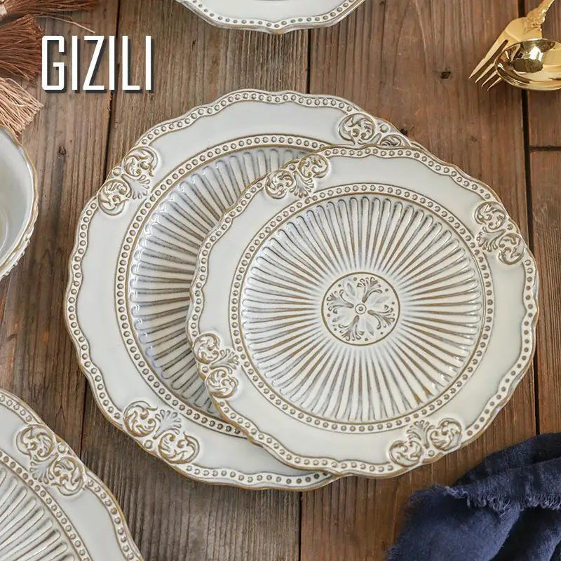 French Dinner Plates Set Luxury Tableware Bowl Set Household Retro Ceramic Dinnerware Bowl Plate Bowl Set Kitchen Supplies
