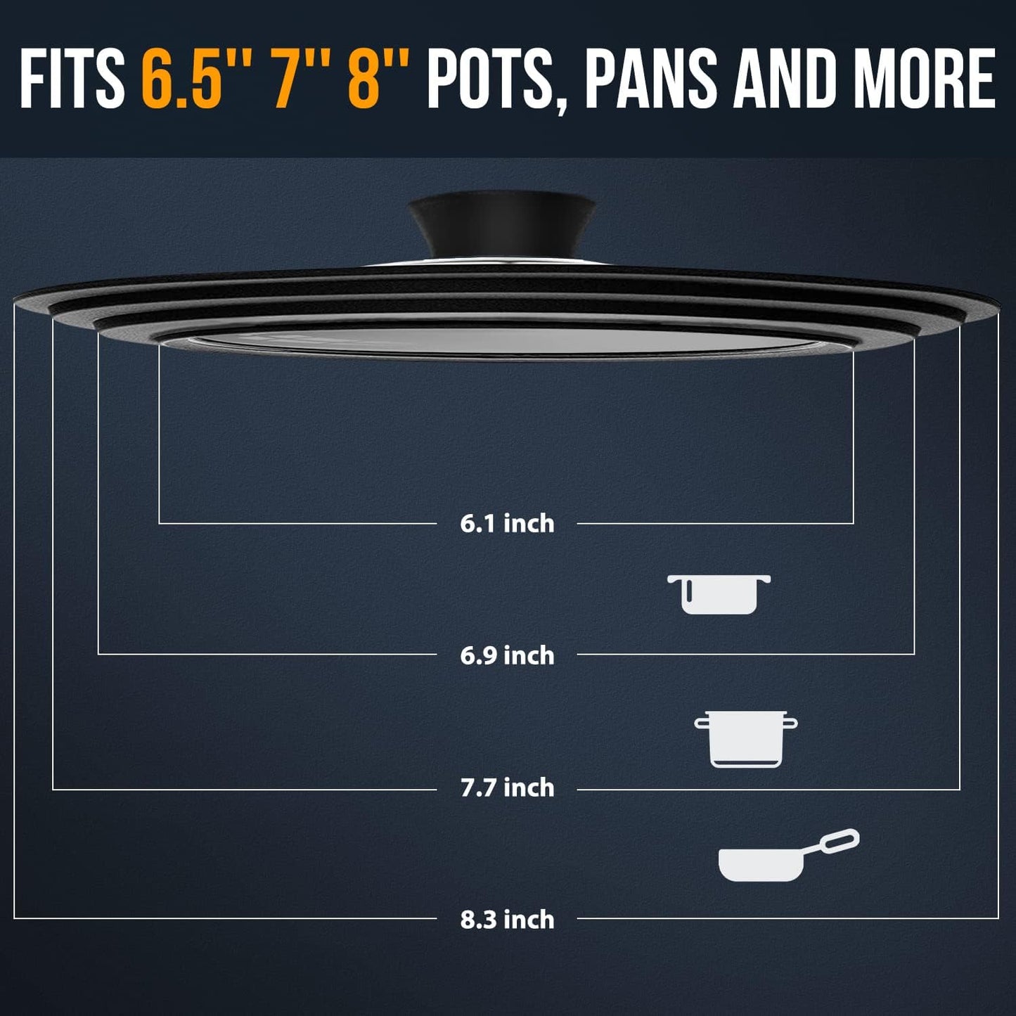 Versatile Universal Lid for Pots, Pans & Skillets - Fits 6.5", 7", & 8" Cookware - Durable Tempered Glass with Heat-Resistant Silicone Rim