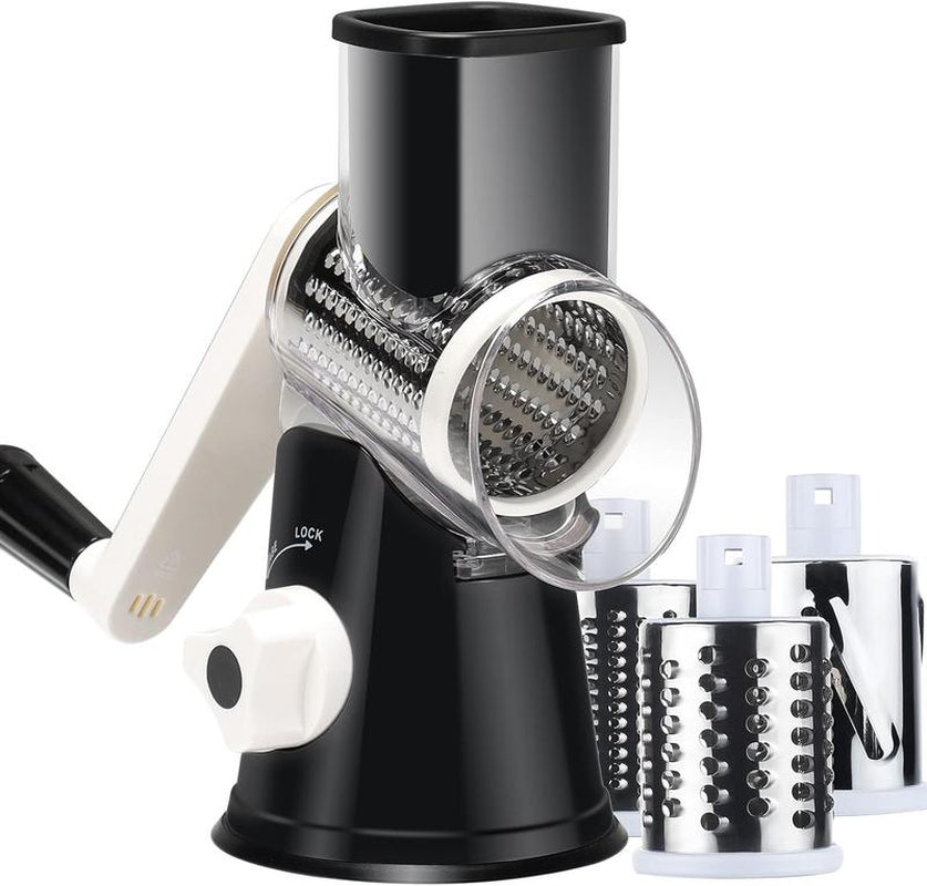 Rotary Cheese Grater with Handle, Manual Speed round Cheese Shredder with Strong Suction Base, Easy to Use Potato Hashbrown Shredder with 3 Replaceable Stainless Steel Drum (Black)