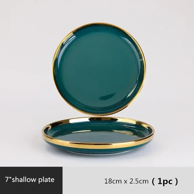 Gilt Rim Green Ceramic Plate Steak Food Plates Bowls Ins Dinner Dish Luxurious Porcelain Dinnerware Set for Family Hotel