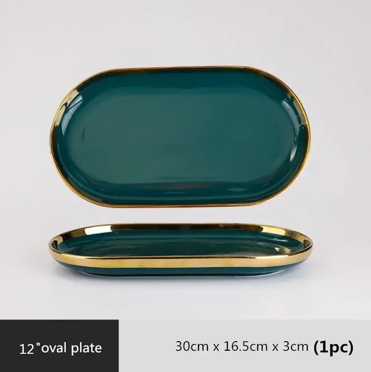Gilt Rim Green Ceramic Plate Steak Food Plates Bowls Ins Dinner Dish Luxurious Porcelain Dinnerware Set for Family Hotel