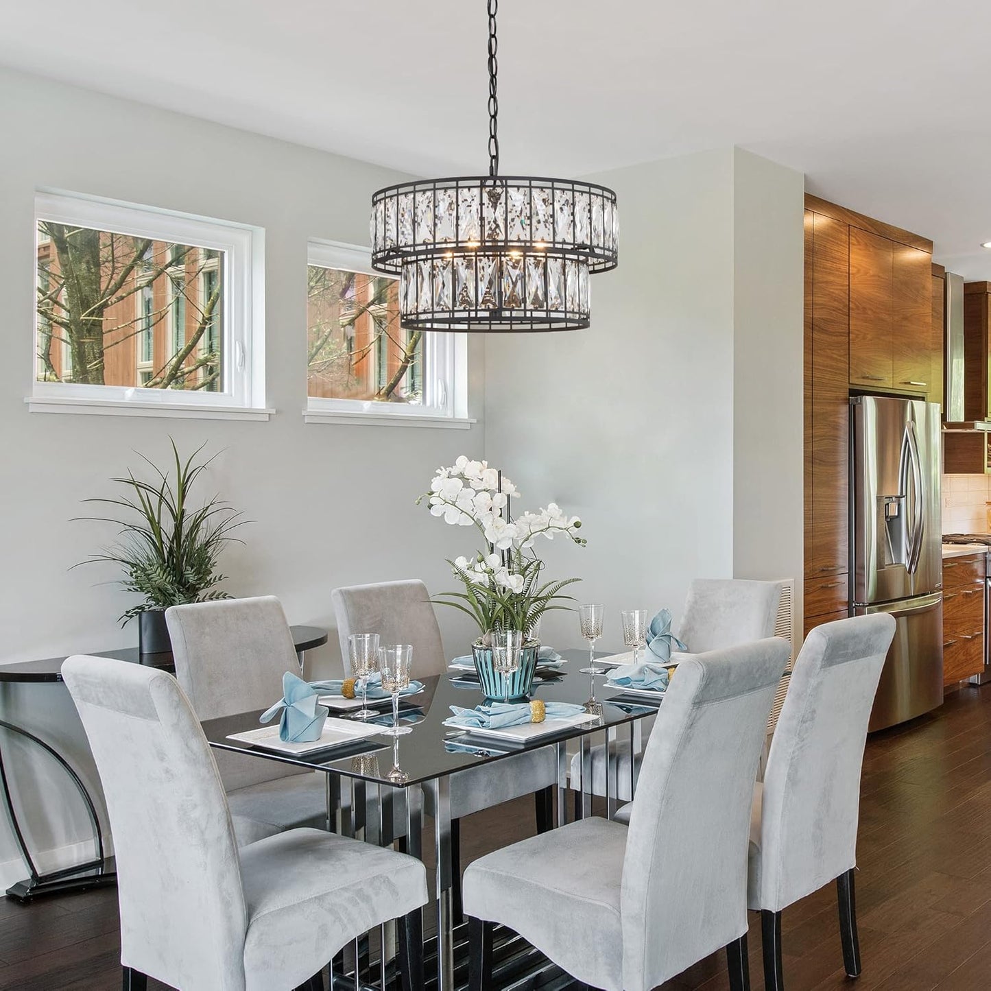 Elegant 4-Light Round Crystal Chandelier for Dining Room and Living Spaces, 2-Tier Design, 15.5" Diameter