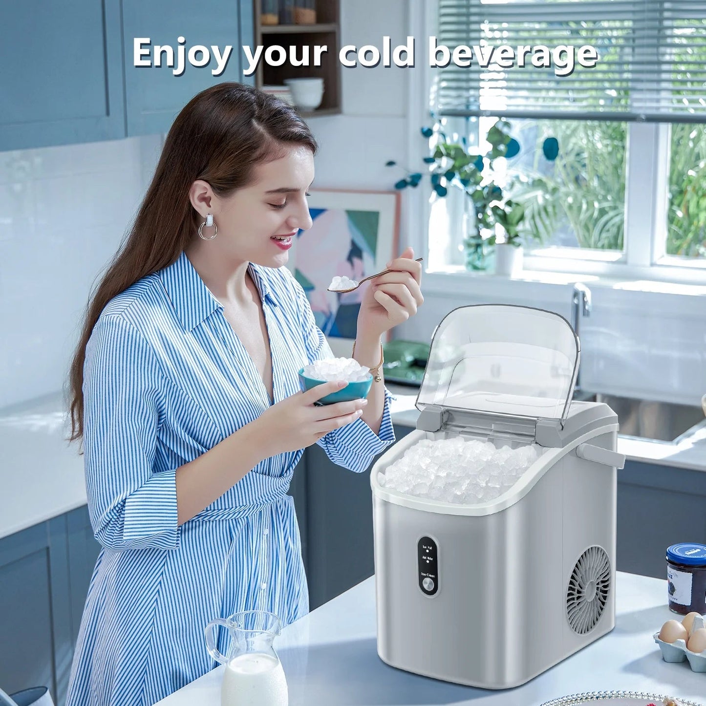 Auseo Countertop Nugget Ice Maker - 35 lbs/24 hrs, Self-Cleaning with Ice Basket, Shovel, and Handle - Ideal for Home, Office, and Parties - Gray