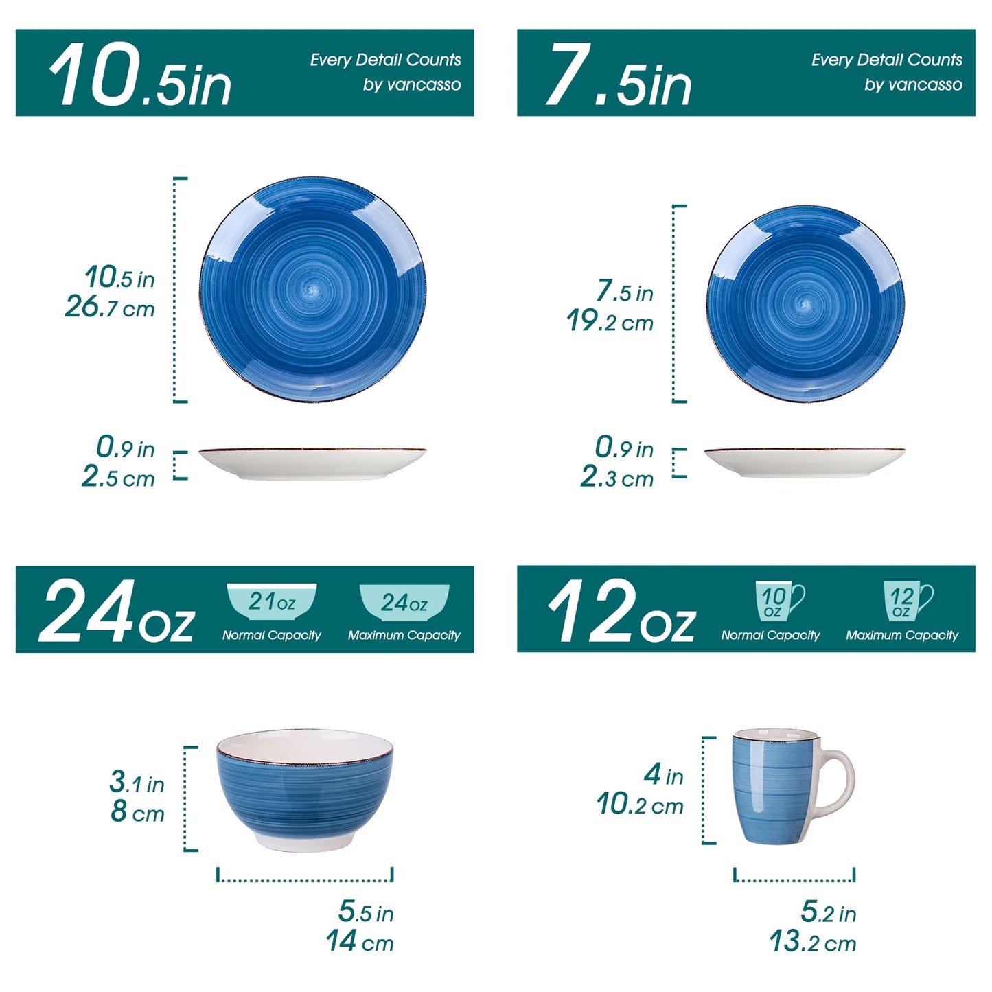 Vancasso, Series Bella, 32-Piece Stoneware Dinnerware Set, Blue Dinner Set, Service for 8