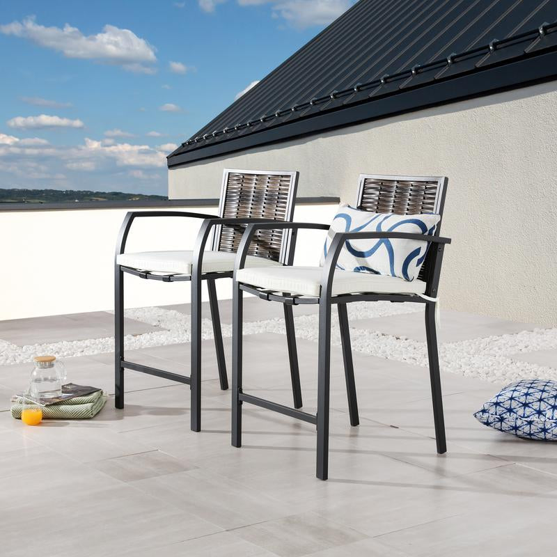 LOKATSE HOME 2 PCS Outdoor Patio Wicker Bar Stools, Height Chairs with Armrest and Cushion for Backyard Deck Lawn Garden