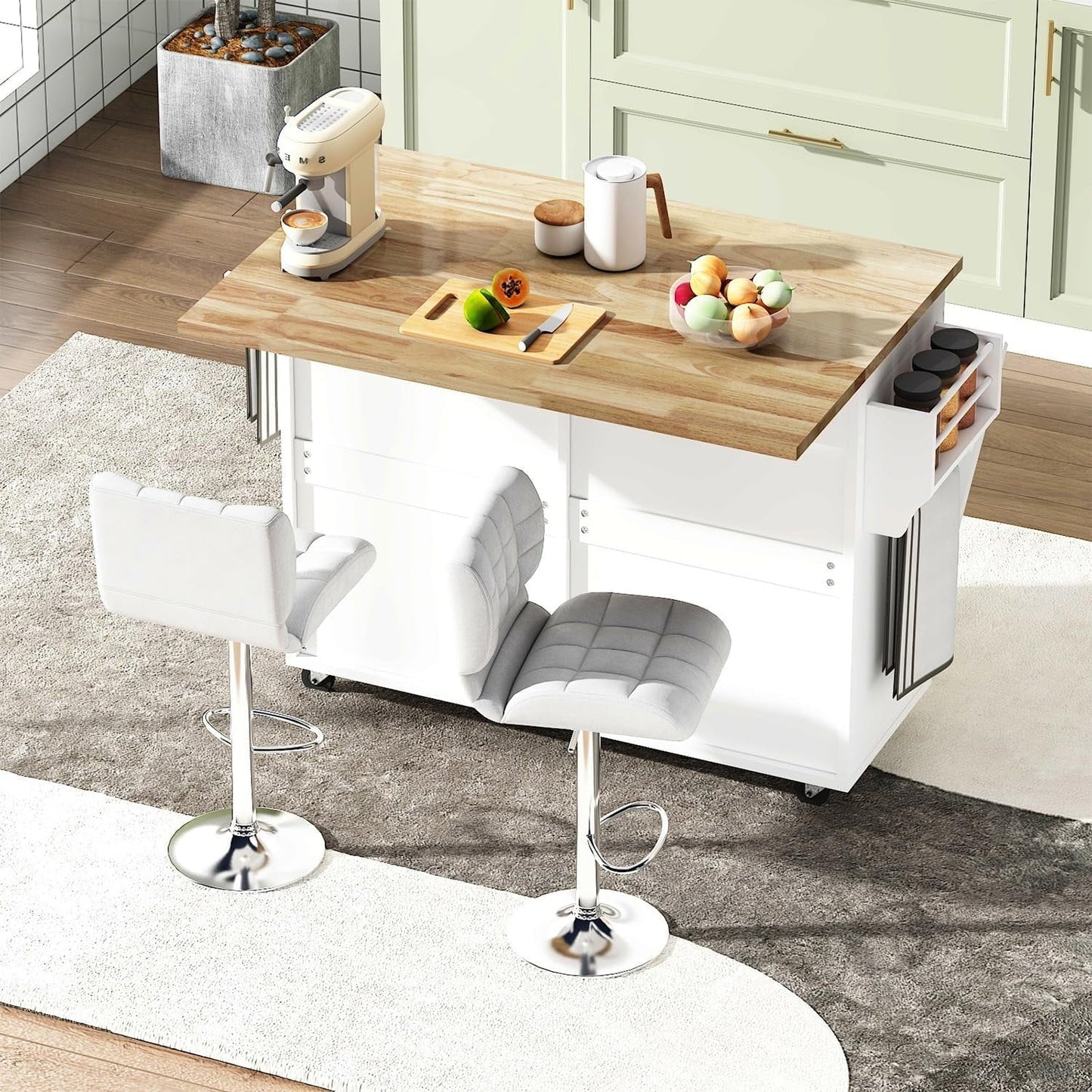 ANPOO Rolling Kitchen Island with Drop Leaf, Tilt Out Kitchen Trash Cabinet 10 Gallon Storage, Kitchen Cart Island with Rubber Wood Top, Spice Rack and Drawers(White)