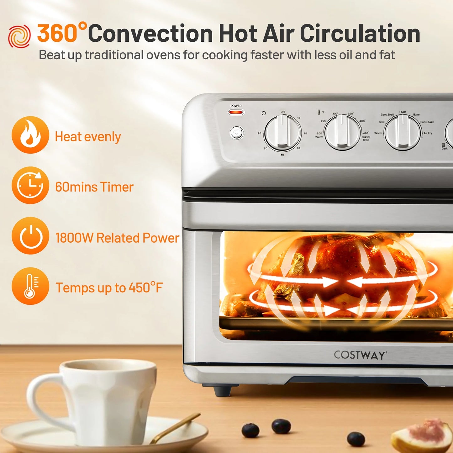 Costway 21.5QT Air Fryer Toaster Oven 1800W Countertop Convection Oven W/ Recipe
