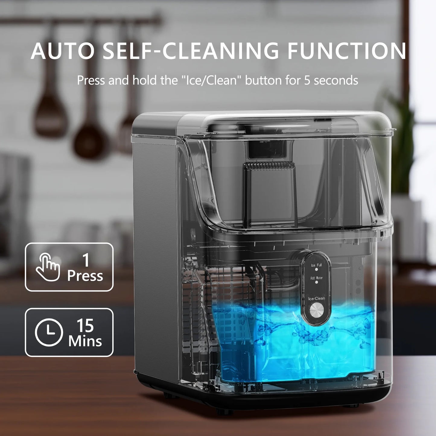 Simzlife Nugget Ice Maker Countertop, Portable Ice Maker Machine with Self-Cleaning Function, 35Lbs/Day, Soft Chewable Pellet Ice, Silver