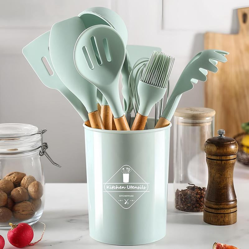Silicone Kitchen Utensil Set, 12Pcs/Set Non-Stick Wooden Handle Durable Kitchen Cooking Utensil Set with Utensil Holder, Multifunctional Practical Food Grade Cookware for Baking Home