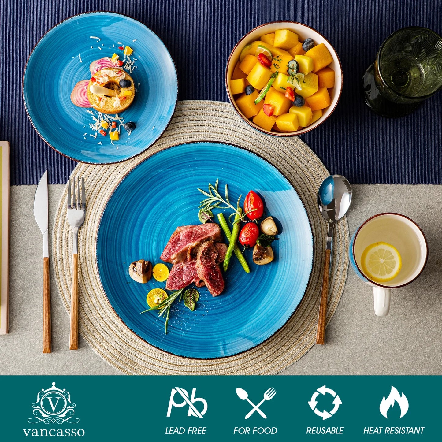 Vancasso, Series Bella, 32-Piece Stoneware Dinnerware Set, Blue Dinner Set, Service for 8