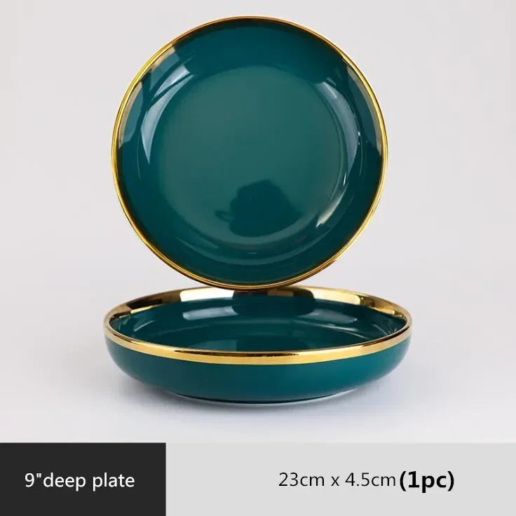 Gilt Rim Green Ceramic Plate Steak Food Plates Bowls Ins Dinner Dish Luxurious Porcelain Dinnerware Set for Family Hotel