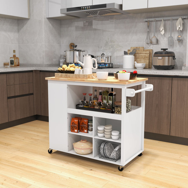 Mobile Kitchen Island Trolley Featuring Open Shelves and Drawer Storage