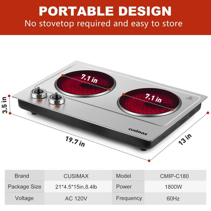 Cusimax 1800W Infrared Dual Burner Electric Cooktop, Dual 7 Inch Ceramic Glass Hot Plates, Easy to Clean and Safe Hot Plates