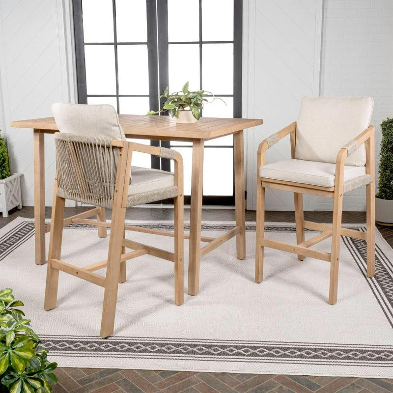 JONATHAN Y Porto Modern Coastal 3-Piece Acacia Wood Outdoor Bar Set with Cushions