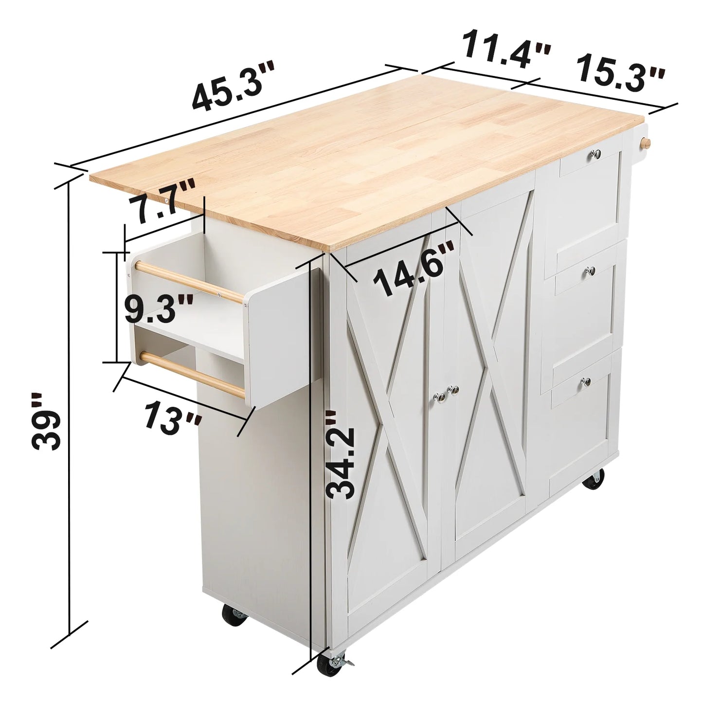BENTISM 45.3-Inch Multifunctional Kitchen Island with Convenient Drawer and Adjustable Rack in Elegant White Finish