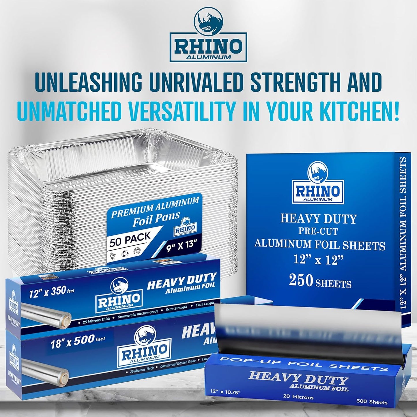 Rhino Heavy-Duty Aluminum Foil Roll - 18" x 525 ft (Pack of 4) - 25 Microns Thick, Commercial Grade for Food Service Industry