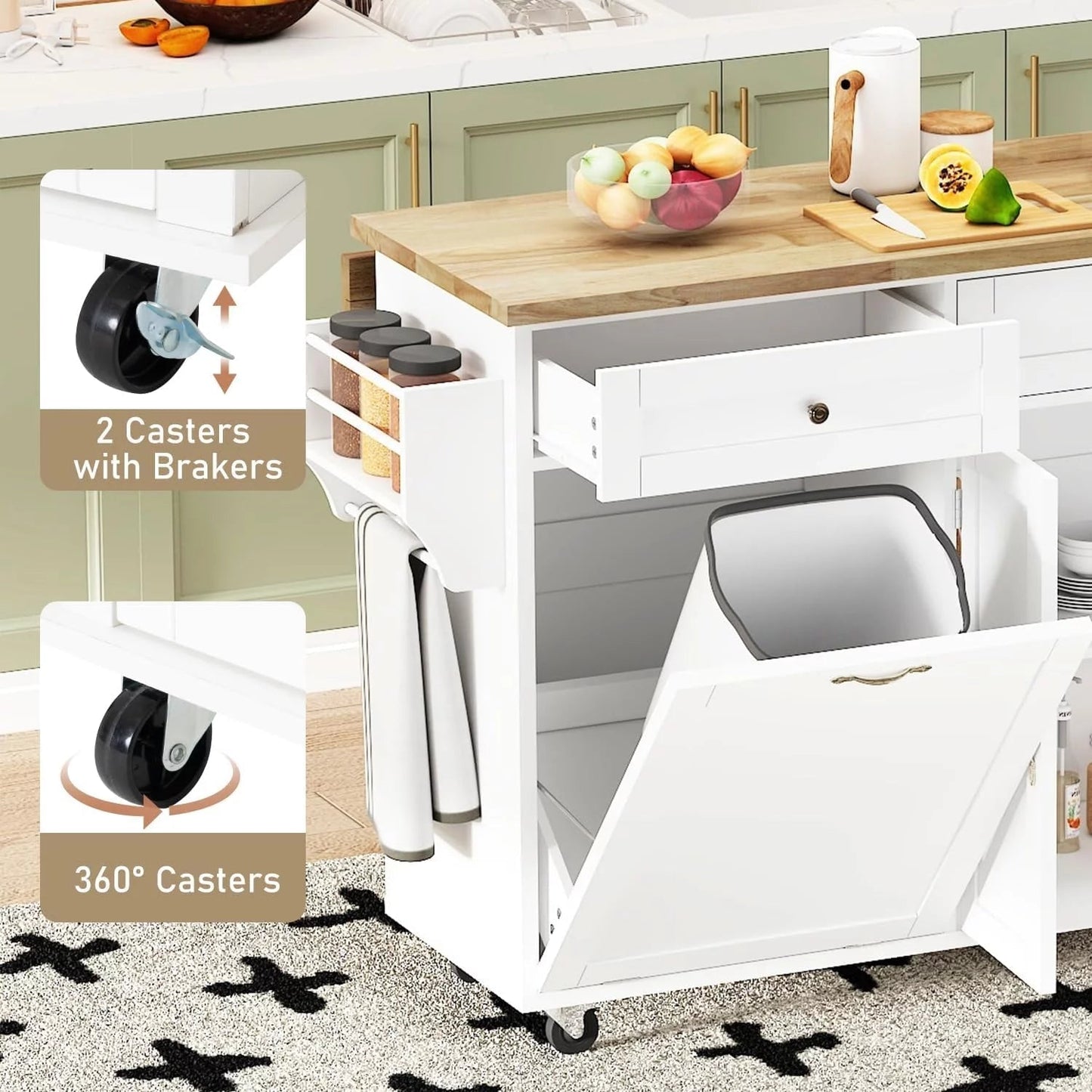 ANPOO Rolling Kitchen Island with Drop Leaf, Tilt Out Kitchen Trash Cabinet 10 Gallon Storage, Kitchen Cart Island with Rubber Wood Top, Spice Rack and Drawers(White)