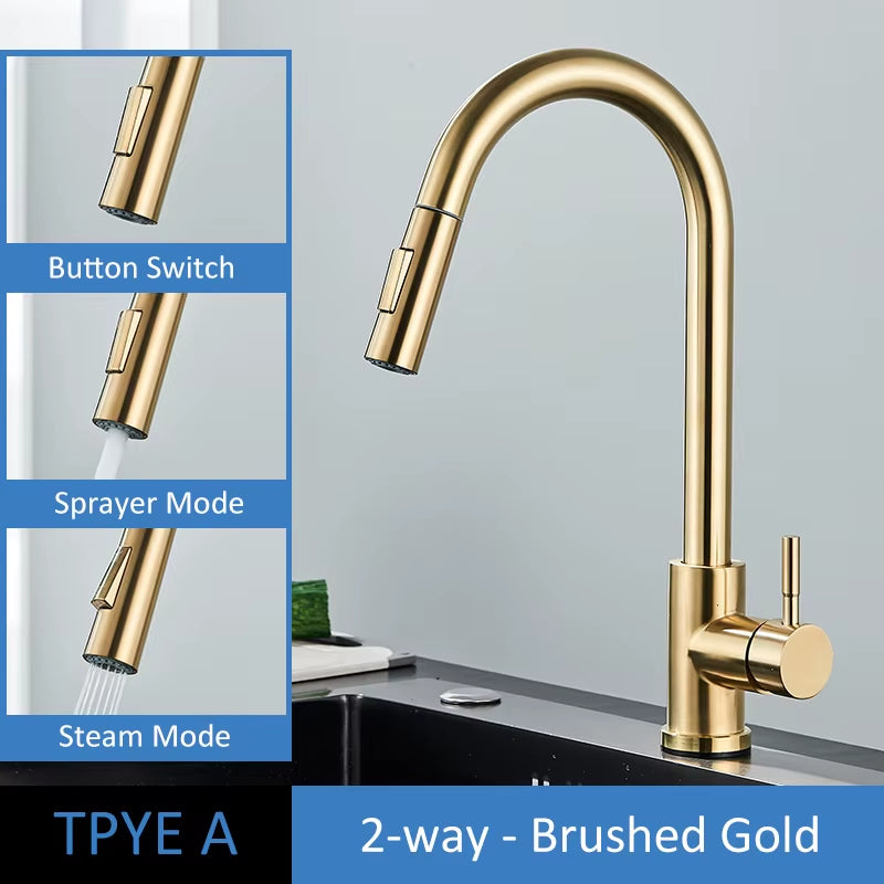 Brushed Gold Kitchen Faucet Pull Out Kitchen Sink Water Tap Single Handle Mixer Tap 360 Rotation Kitchen Shower Faucet
