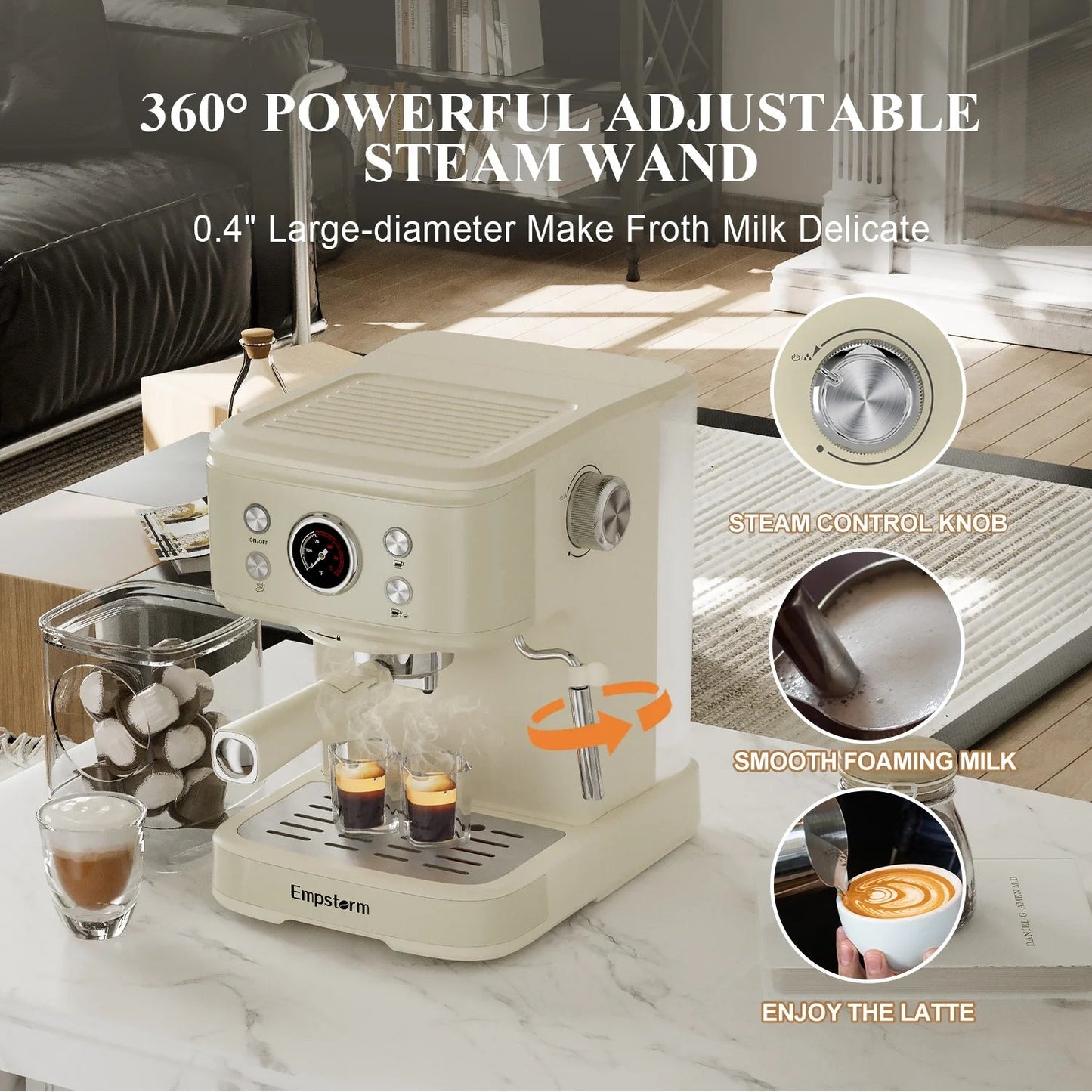 Empstorm 20-Bar Espresso Machine: 2-in-1 Cappuccino Maker with Milk Frother Steam Wand, Compatible with NS Original Capsules for Home and Commercial Use, Beige