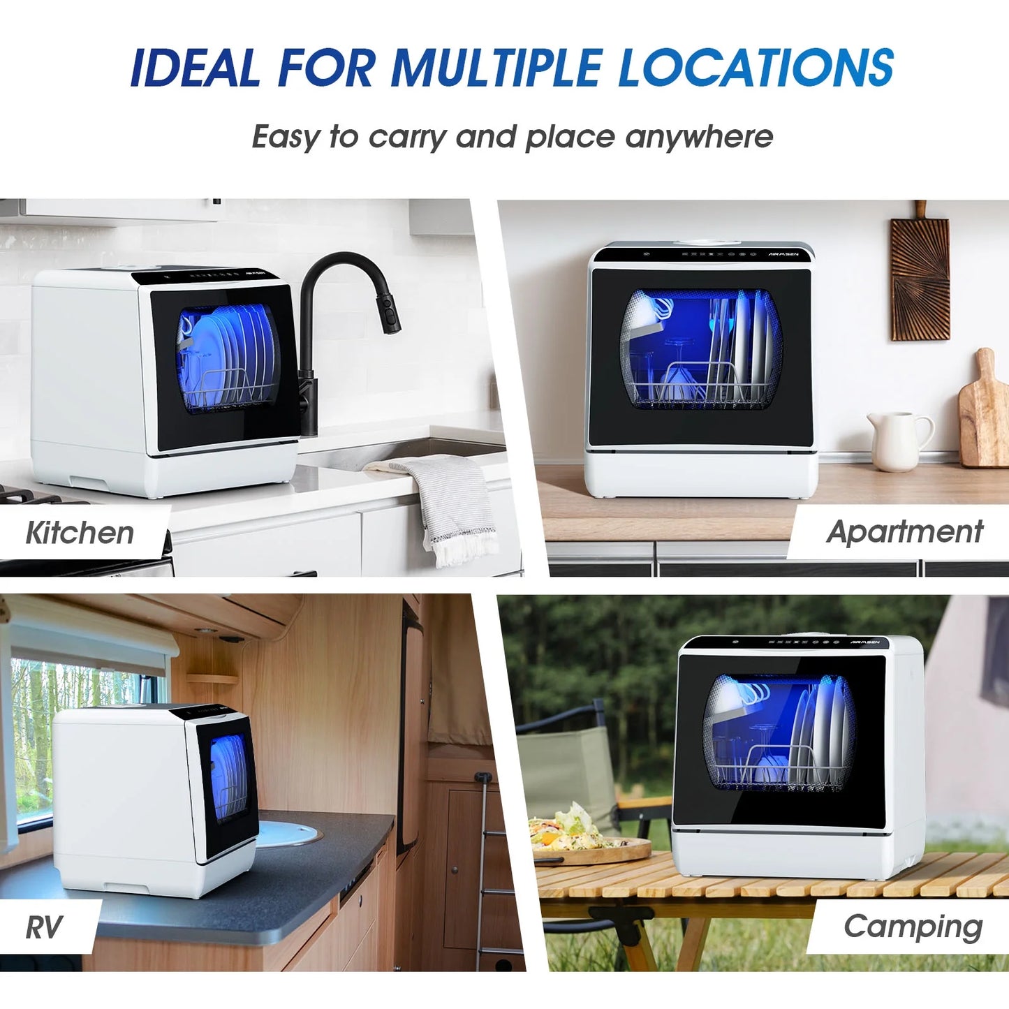 AIRMSEN Portable Countertop Dishwasher with 5-Liter Built-In Water Tank and Air-Dry Function, 5 Washing Programs Mini Dishwasher, AE-TDQR03