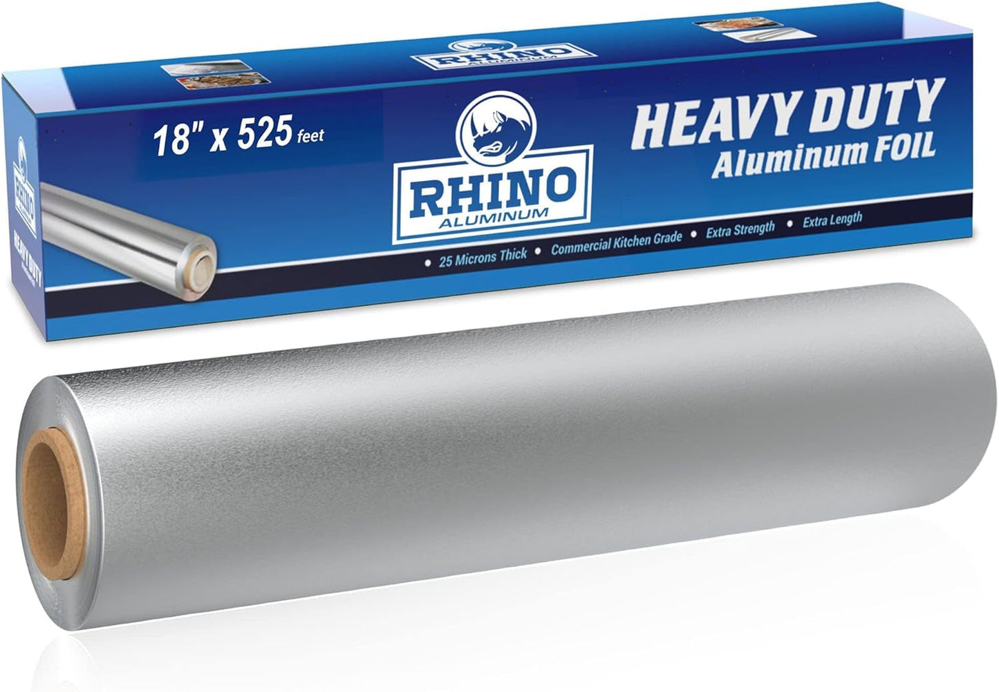 Rhino Heavy-Duty Commercial Grade Aluminum Foil - 18" x 525 ft Roll, 25 Microns Thick, Perfect for Food Service Applications (Single Roll)