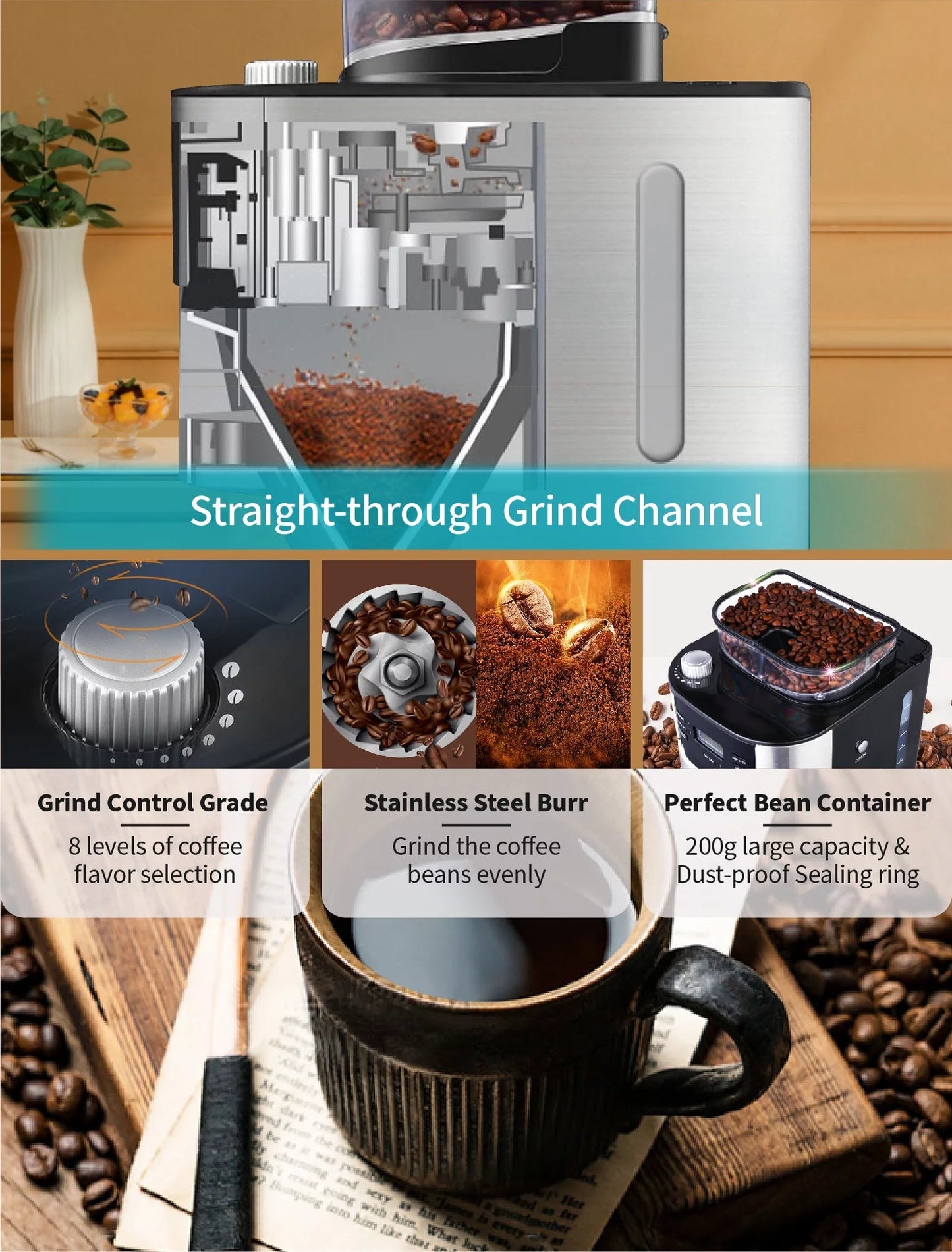 GEVI 10-Cup Programmable Coffee Maker with Built-In Burr Grinder and Drip Brewing System