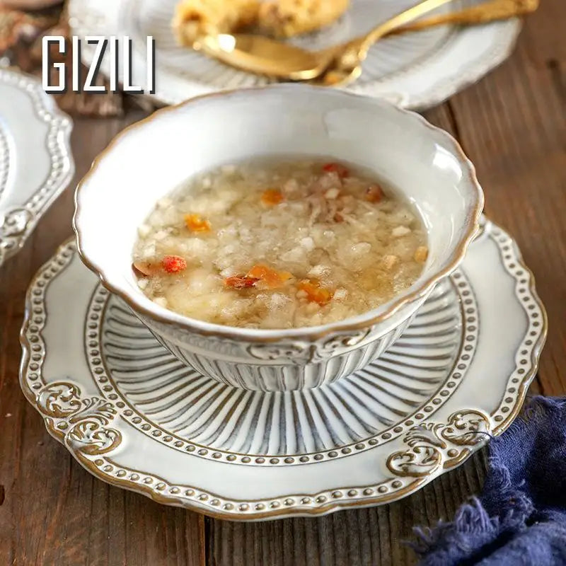 French Dinner Plates Set Luxury Tableware Bowl Set Household Retro Ceramic Dinnerware Bowl Plate Bowl Set Kitchen Supplies