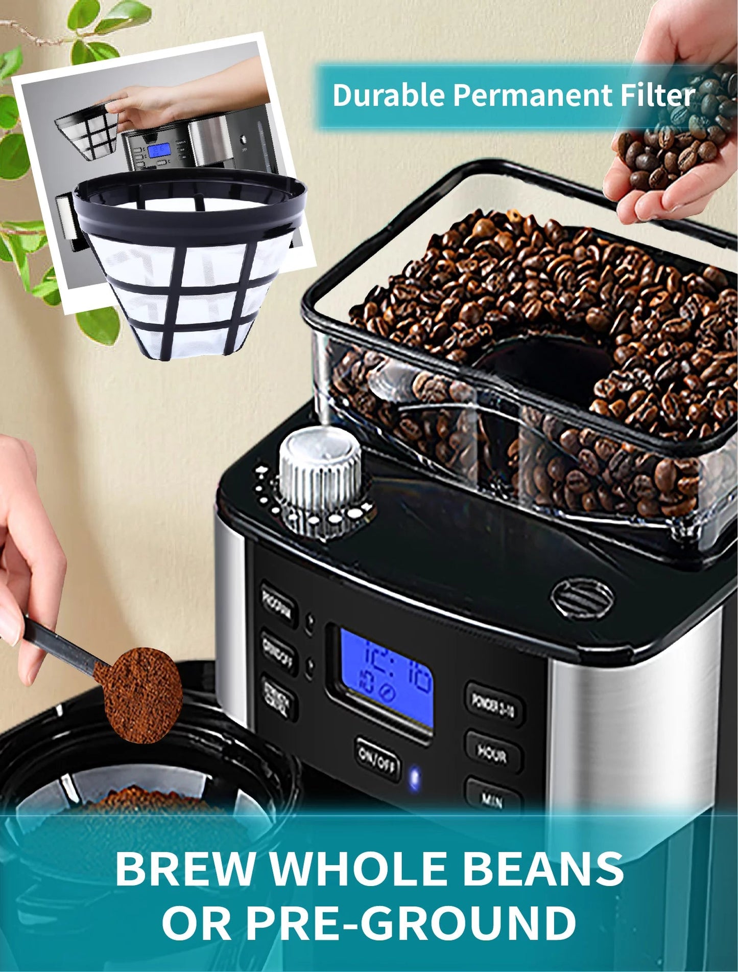 GEVI 10-Cup Programmable Coffee Maker with Built-In Burr Grinder and Drip Brewing System
