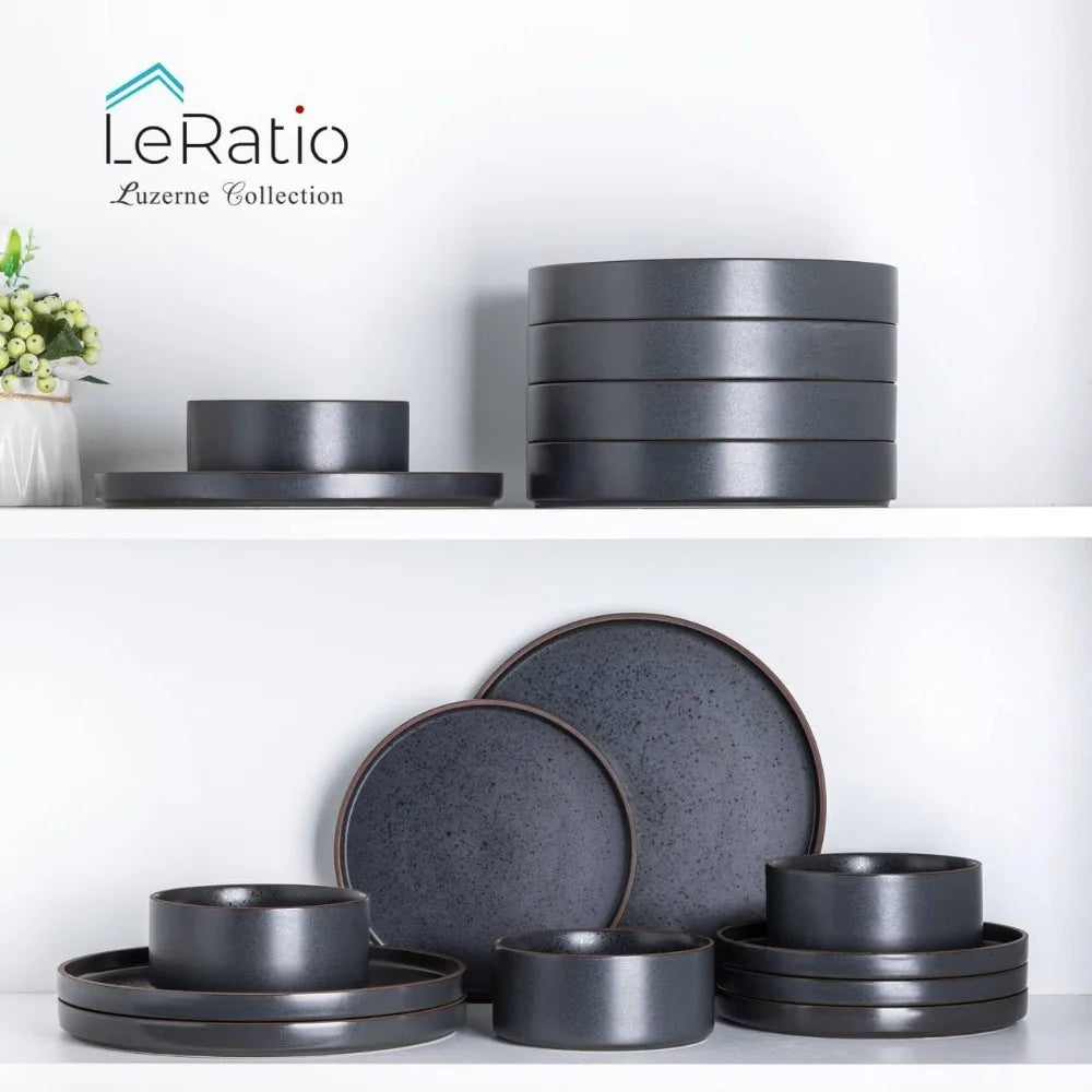 Ceramic Dinnerware Sets of 6, High Edge Stoneware Plates and Bowls Set, Chip and Crack Resistant |