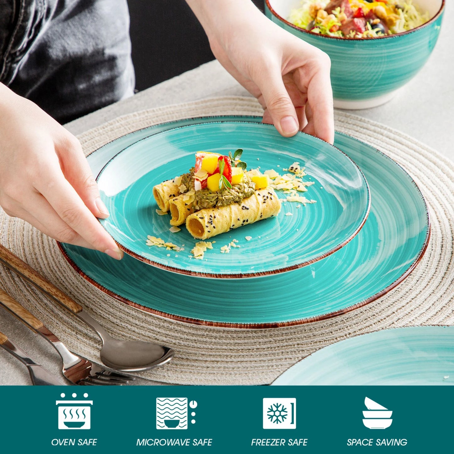 Vancasso, Series Bella, 48 Piece Stoneware Dinnerware Set, Green Dinner Set, Service for 12