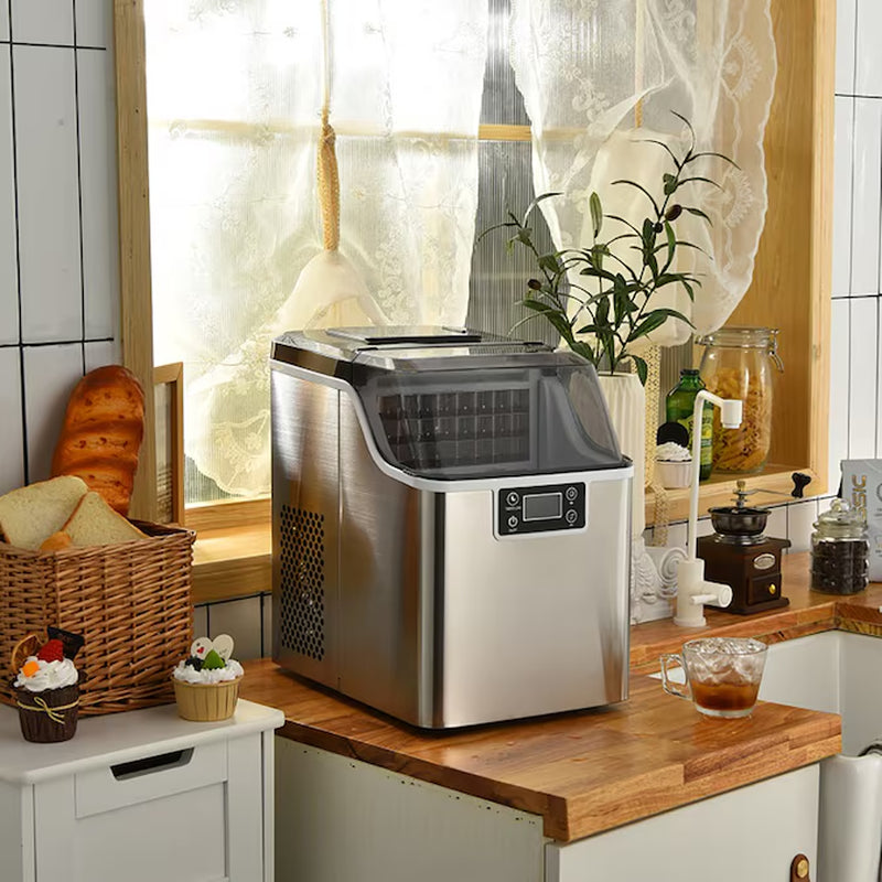 Electric Countertop Ice Maker 40-Lb Ice per Day Countertop or Portable Cubed Ice Maker (Silver)