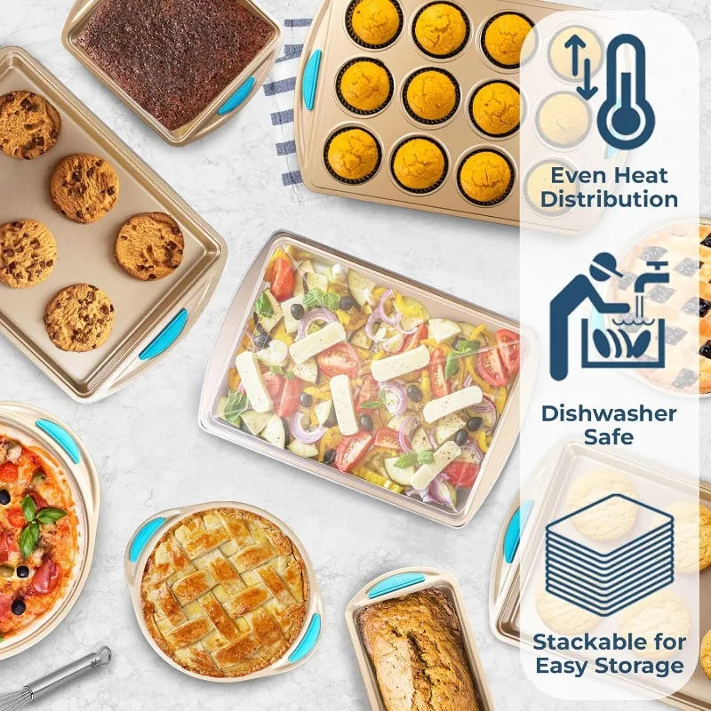 Baking Pan 10 Piece Set Nonstick Gold Steel Oven Bakeware Kitchen Set with Silicone Handles, Cookie Sheets, Round Cake Pans