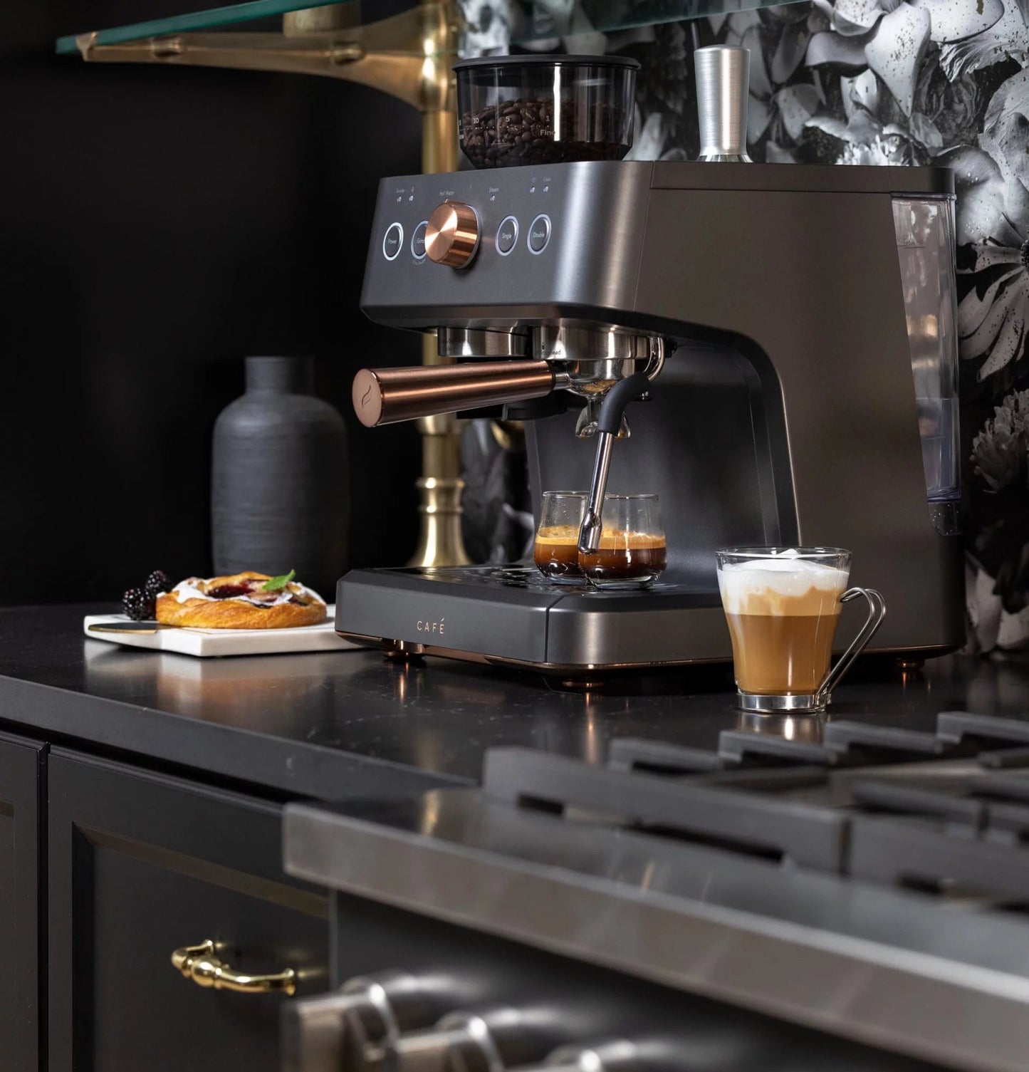 Café Bellissimo Semi-Automatic Espresso Machine with Milk Frother, Wi-Fi Connectivity, Built-In Bean Grinder, 15-Bar Pump, and 95-Ounce Water Reservoir in Steel Silver