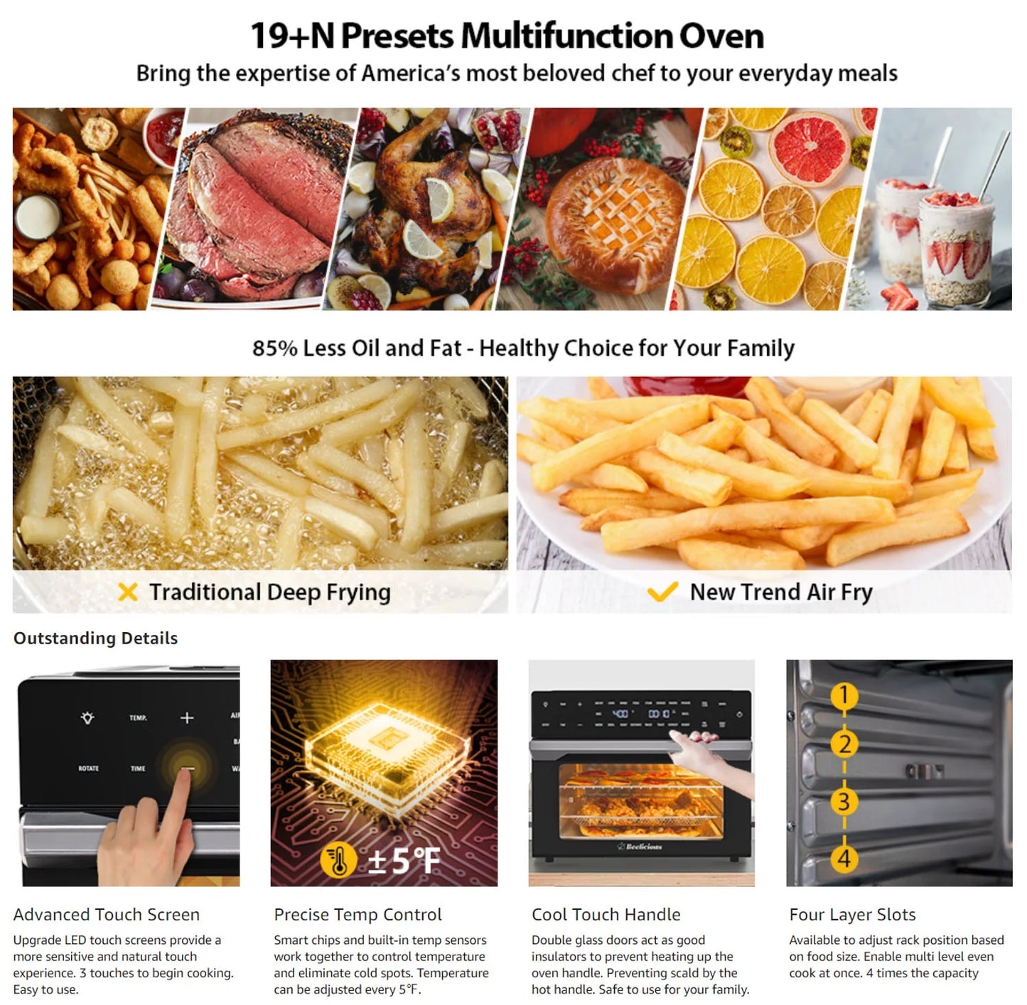 Beelicious 32 QT Large Air Fryer Ovens, Rotisserie Oven with Dehydrator, 19-In-1 Convection Toast Countertops Oven Combo, 6 Accessories