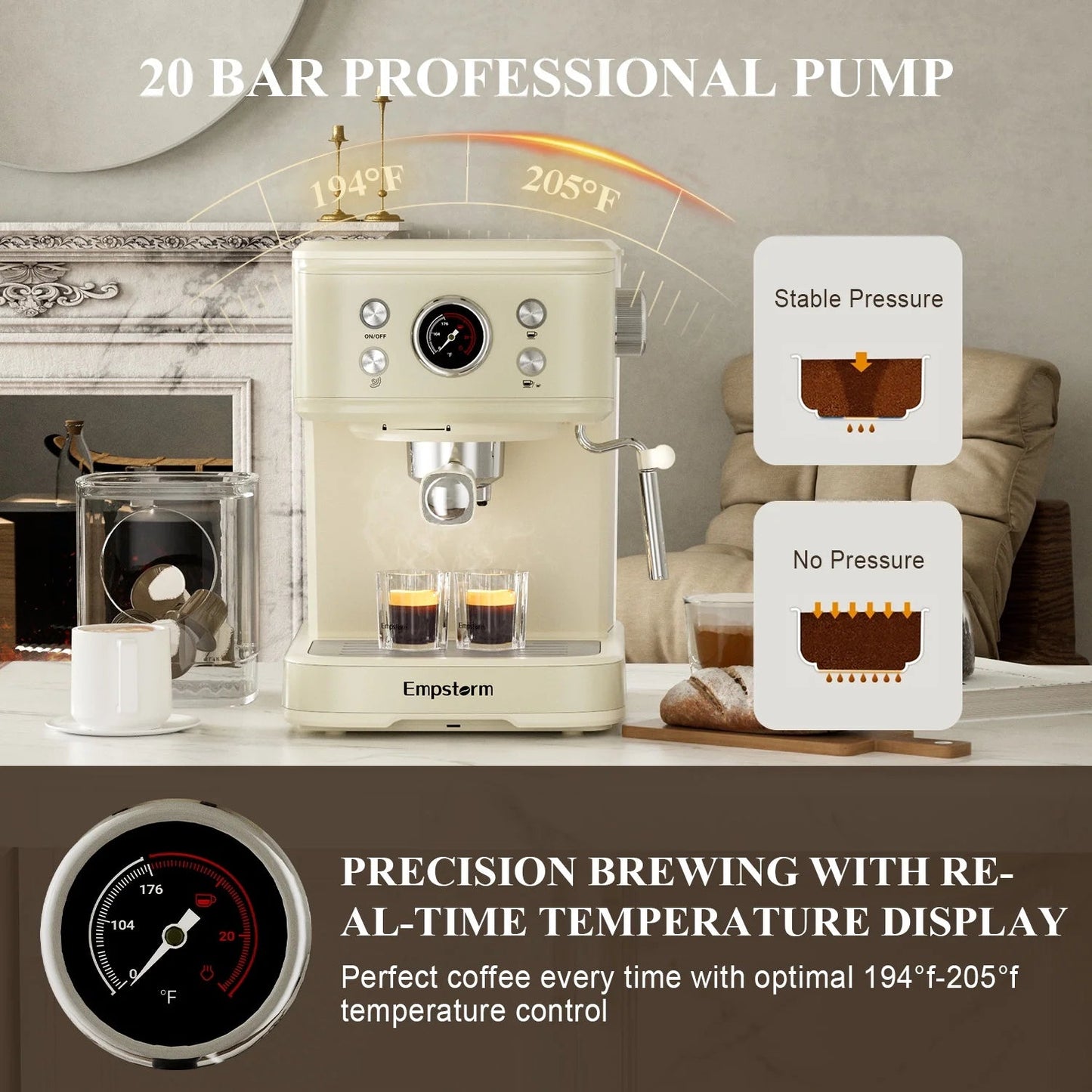 Empstorm 20-Bar Espresso Machine: 2-in-1 Cappuccino Maker with Milk Frother Steam Wand, Compatible with NS Original Capsules for Home and Commercial Use, Beige