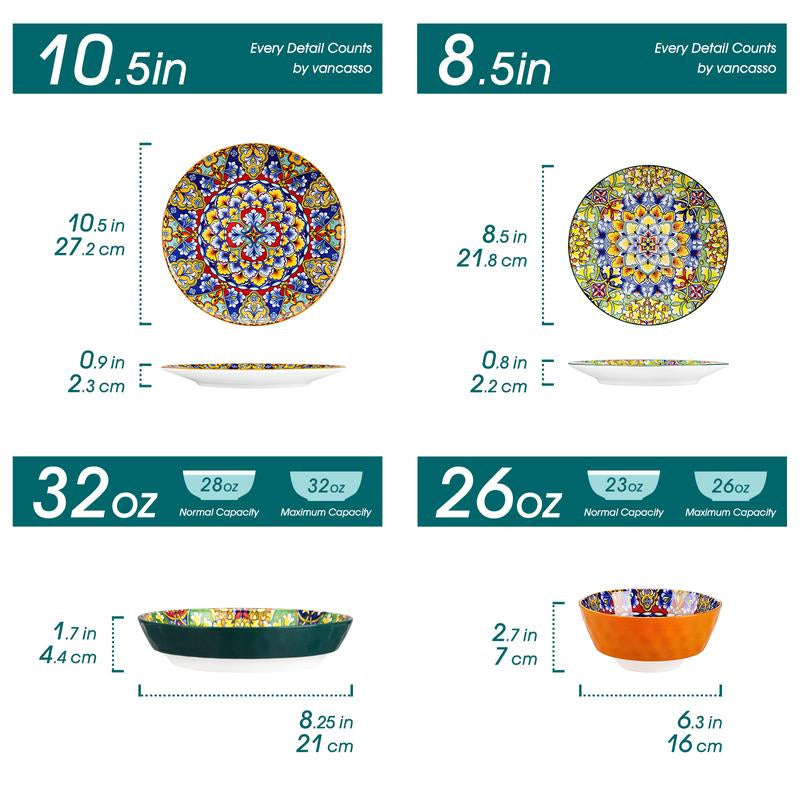 Vancasso Boho Chic Ceramic Dinnerware Set for Six - Vibrant Plates and Bowls